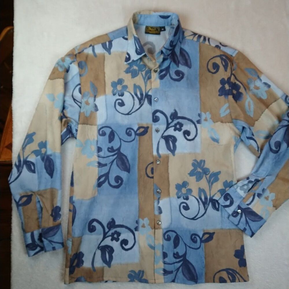 Vintage Monzini Collection Shirt Men's Large Blue Floral Long Sleeve Button